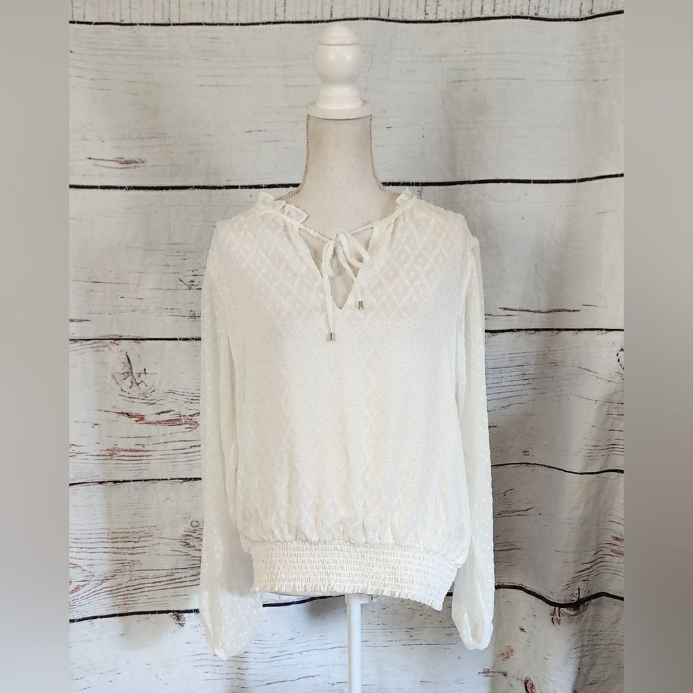 White House Black‎ Market Long Sleeve Smocked Blouse Size Large NWT